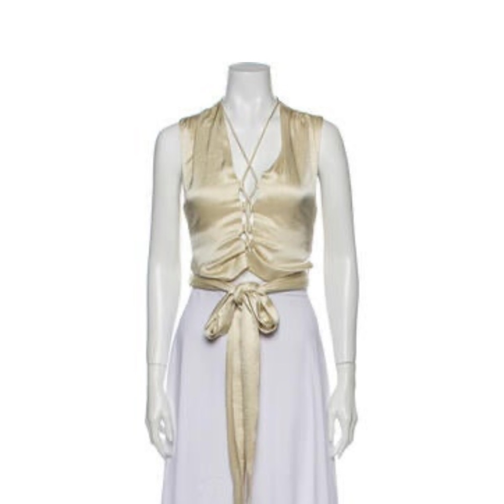 Nanushka Ivory Cream Satin Cross Tie V-Neck Crop Top